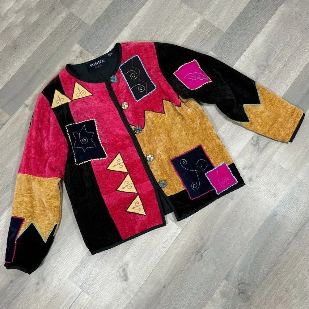 Vintage Pushpa‎ Jacket Women Medium Velour Patchwork Tapestry Embroidered 90s